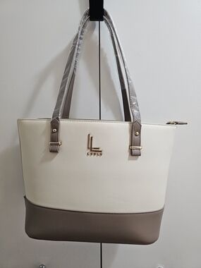 Loulu Cream & Taupe Tote Bag Gold Hardware Minimal Chic Structured Handbag